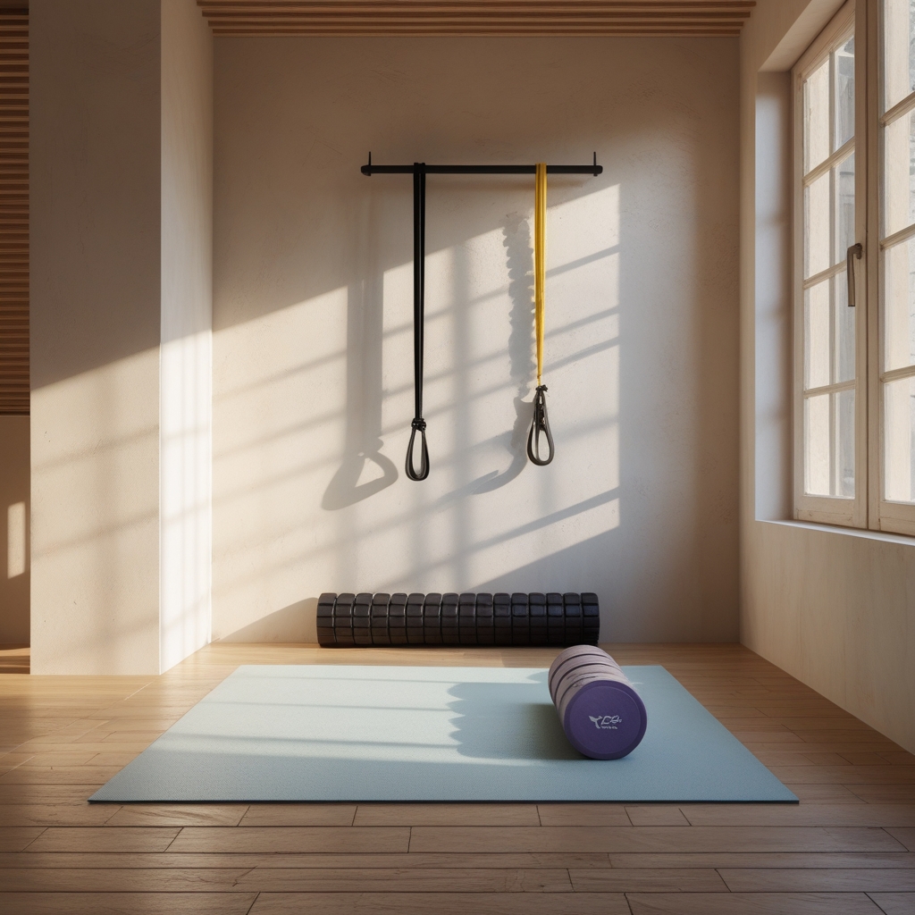 Simple stretching space with neutral walls, a resistance band hanging from a hook and a foam roller on a clean mat, minimal setup representing conscious body movement