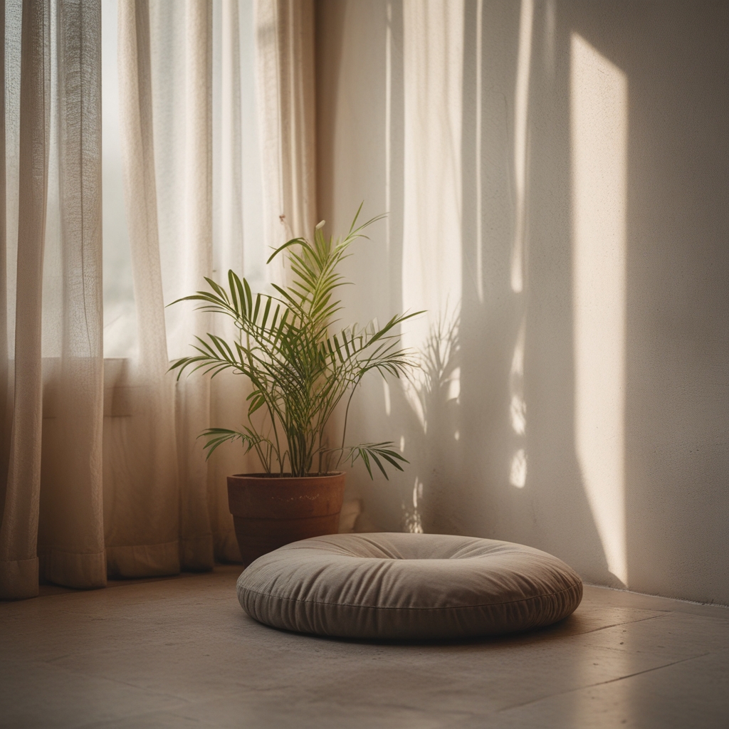 A serene meditation cushion in the corner of a minimalist room with soft afternoon light through sheer curtains, potted plant nearby, embodying stillness and inward physical awareness