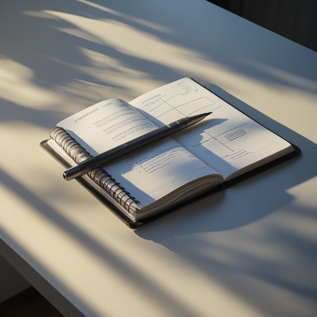Open research notebook with a mechanical pencil on a clean desk, natural sidelight creating soft shadows, representing analytical inquiry and evidence-based knowledge