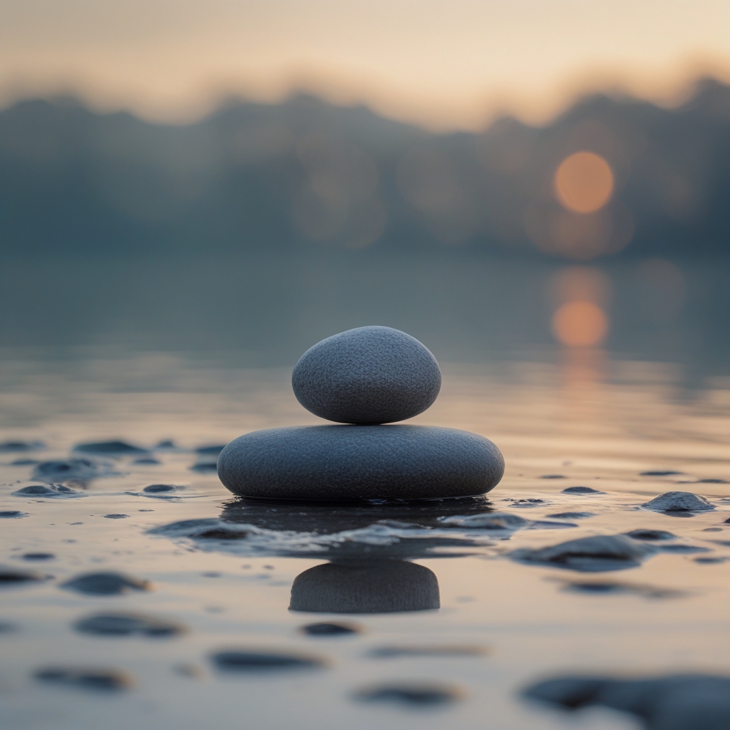 Single smooth stone perfectly balanced on another stone on a calm lakeshore at golden hour, soft bokeh background, representing balance and precision in physical equilibrium