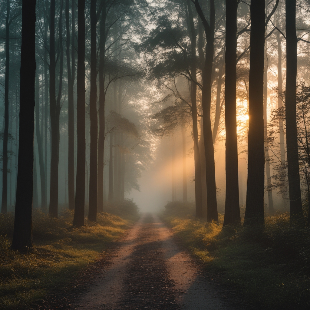 Cinematographic wide shot of a misty forest path at dawn, soft golden light filtering through tall trees, evoking stillness, natural movement and spatial harmony