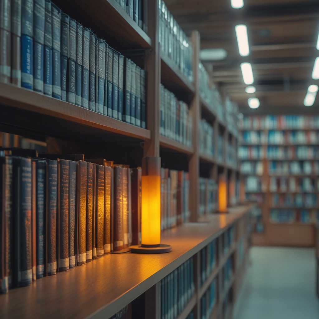 University library reference section with rows of scientific anatomy and physiology textbooks on shelves, warm reading lamp light, suggesting academic rigor and evidence-based knowledge